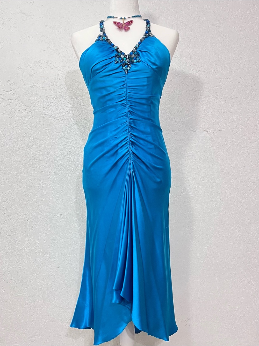 Cache Turquoise Halter Maxi Dress with Beaded Neckline